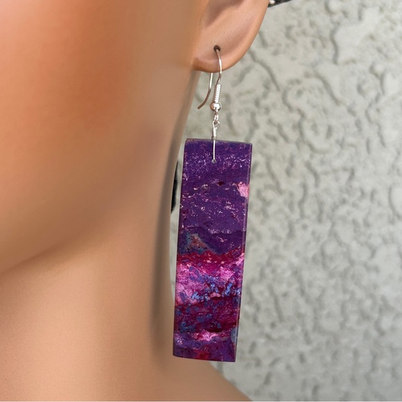 Navajo Crafted Purple Mojave Slab Dangle Earrings - Picture 10 of 15